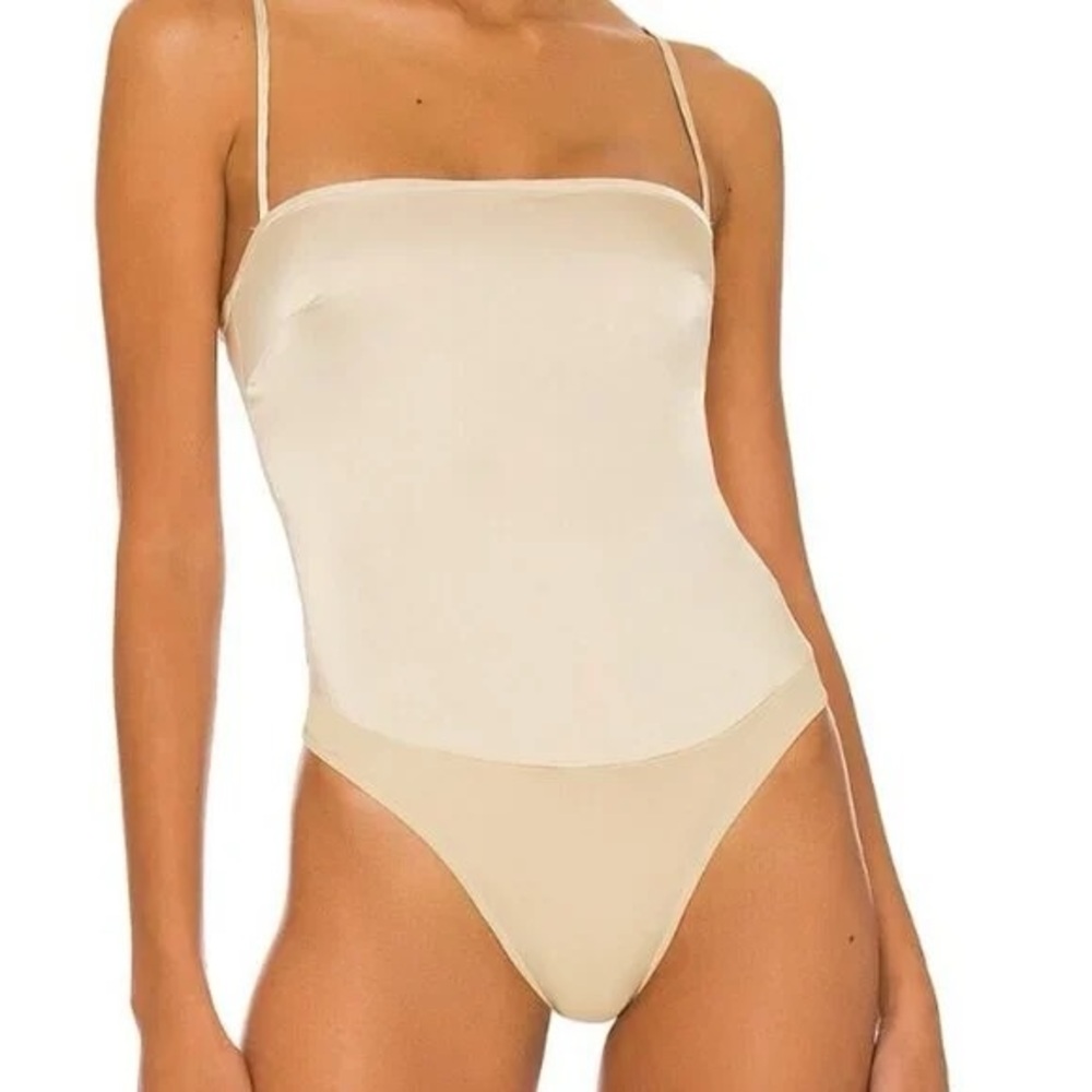 WeWoreWhat Strappy Satin Bodysuit in Creme Brulee, size XS